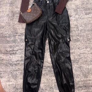 Fashion Nova Black Faux Leather Cargo Jeans